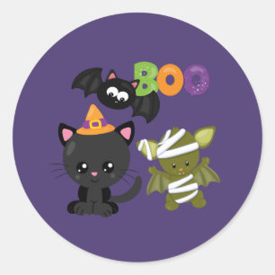 Cute Halloween Cat, Bat & Mummy Boo Ronde Sticker