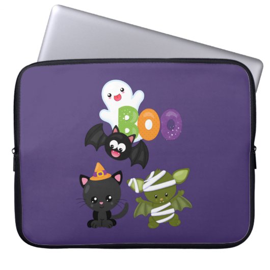 Cute Halloween Cat, Bat, Mummy & Ghost Laptop Sleeve (Voorkant)