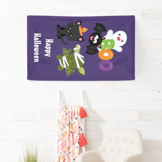 Cute Halloween Cat, Bat, Mummy & Ghost Spandoek (Insitu)