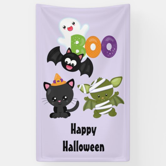 Cute Halloween Cat, Bat, Mummy & Ghost Spandoek (Verticaal)