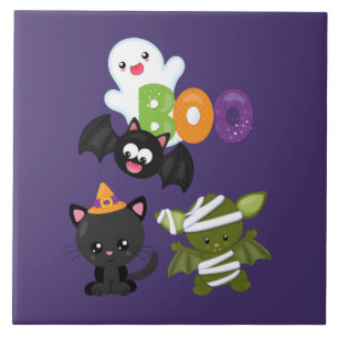 Cute Halloween Cat, Bat, Mummy & Ghost Tegeltje
