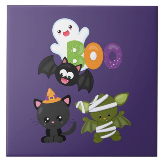Cute Halloween Cat, Bat, Mummy & Ghost Tegeltje (Voorkant)