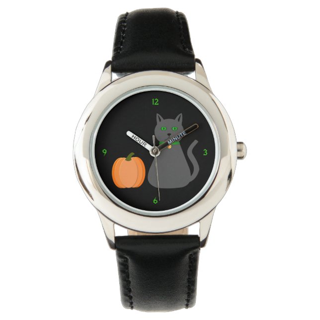 Cute Halloween Cat en Pumpkin Horloge (Voorkant)