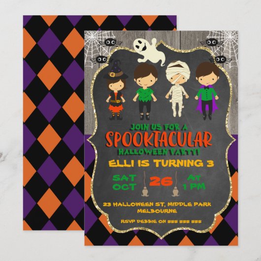 Cute Halloween Chalkboard Birthday Invitation Kaart (Voorkant / Achterkant)