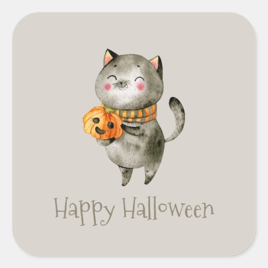 Cute Halloween Chat avec Citrouille | Autocollant (Devant)