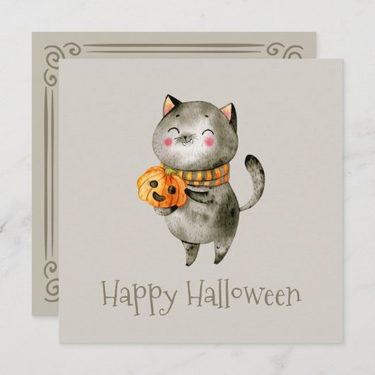 Cute Halloween Chat avec Citrouille | Invitation d (Devant / Derrière)