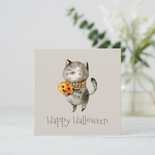 Cute Halloween Chat avec Citrouille | Invitation d (Debout devant)