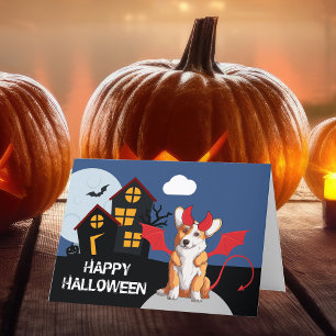 Cute Halloween Corgi in Devil Costume Feestdagen Kaart
