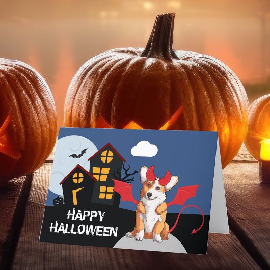 Cute Halloween Corgi in Devil Costume Feestdagen Kaart