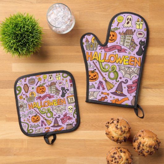 Cute Halloween Doodle Pattern Ovenwant & Pannenlap Set (Top down)