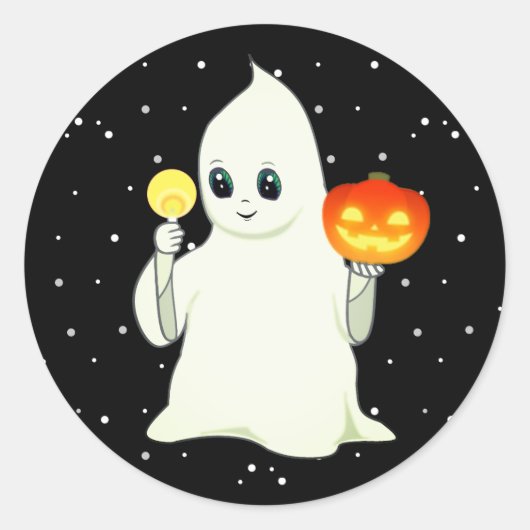 Cute Halloween Ghost en Pumpkin op Black Classic R Ronde Sticker (Voorkant)