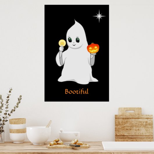 Cute Halloween Ghost en Pumpkin op Black Poster (Keuken)