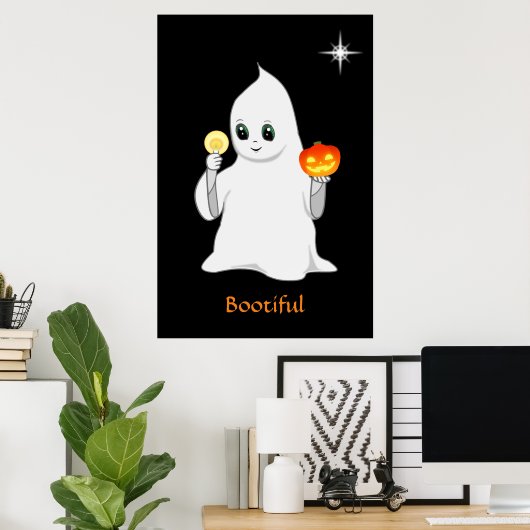 Cute Halloween Ghost en Pumpkin op Black Poster (Thuiskantoor)
