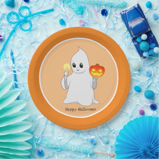 Cute Halloween Ghost en Pumpkin op Sinaasappel Papieren Bordje (Feest)