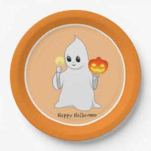 Cute Halloween Ghost en Pumpkin op Sinaasappel Papieren Bordje