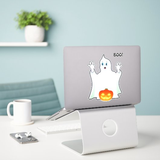 Cute Halloween Ghost en Pumpkin Sticker (Laptop op bureau)