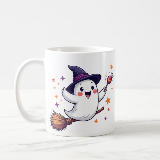 Cute halloween ghost on broomstick mug (Gauche)