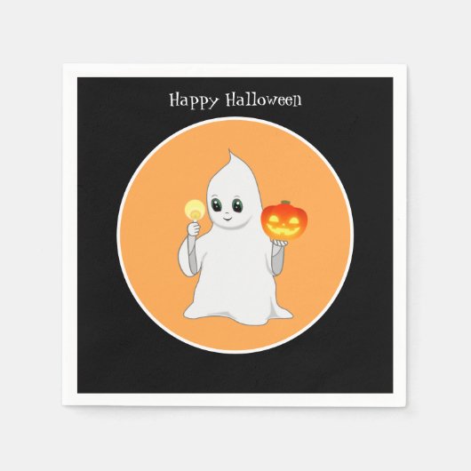 Cute Halloween Ghost & Pumpkin op zwart en Oranje Servet (Voorkant)