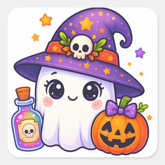 Cute Halloween Ghost Witch Sticker – Kawaii Ghost  (Voorkant)