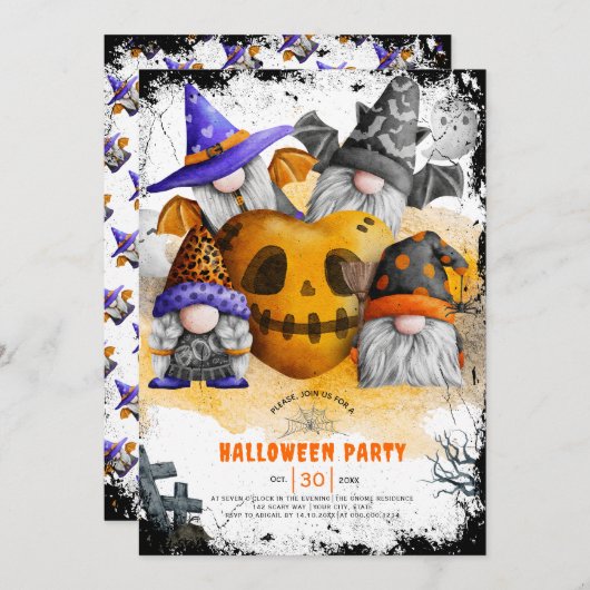 Cute Halloween gnomes invitation pour la fête des  (Devant / Derrière)
