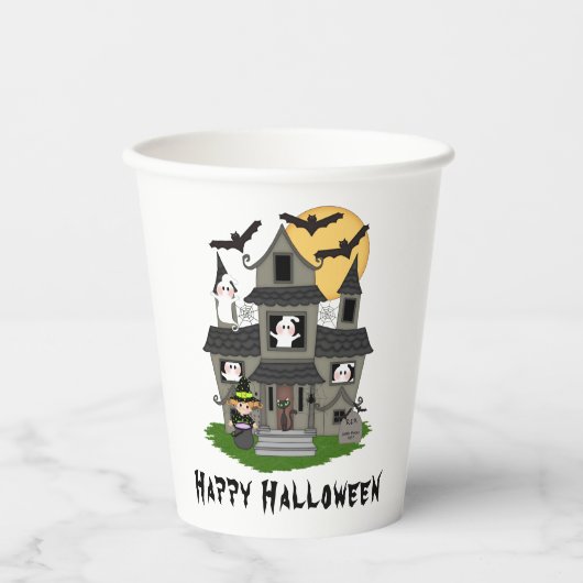 Cute Halloween haunted house en kleine heks Papieren Bekers (Voorkant)