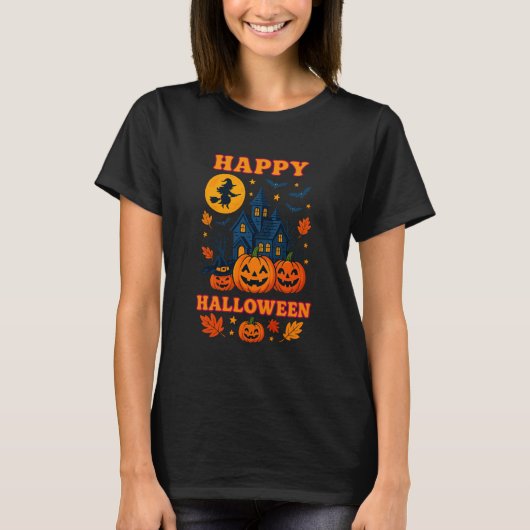 Cute Halloween Haunted House, Pumpkin & Witch Tee T-shirt (Voorkant)