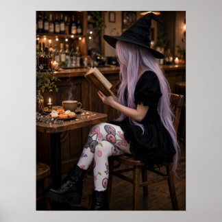 Cute Halloween Heksen Lezend Poster Cozy Kunst