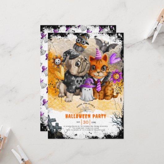 Cute Halloween invitation chat et chien (Devant/Arrière en situation)