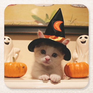 Cute Halloween Kitten Patroonontwerp Vierkante Kartonnen Onderzetter
