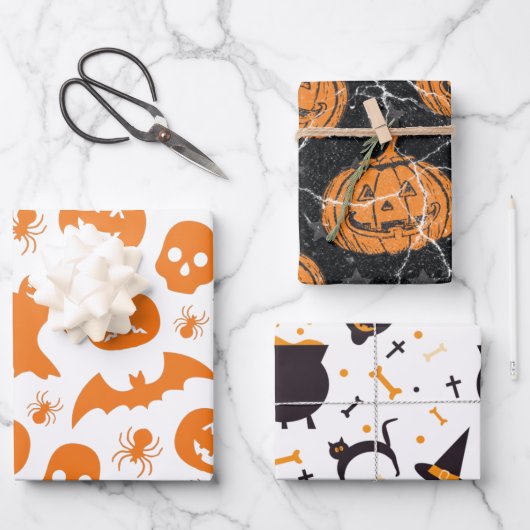 Cute Halloween Mixed Pattern Pumpkin Witch Bats Inpakpapier Vel (Voorkant)