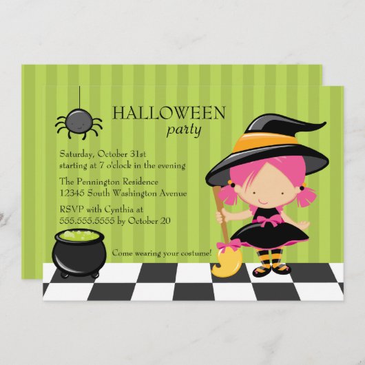 Cute Halloween party heks and spin nodigt Kaart (Voorkant / Achterkant)