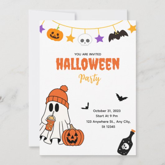 Cute Halloween Party Invitation with Ghost (Devant)