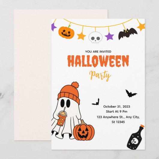 Cute Halloween Party Invitation with Ghost Kaart (Voorkant / Achterkant)