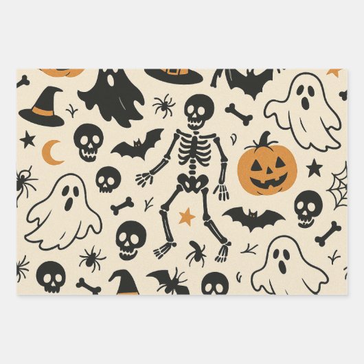 Cute Halloween Pattern Ghosts Pumpkins Skeletons Inpakpapier Vel (Voorkant 2)