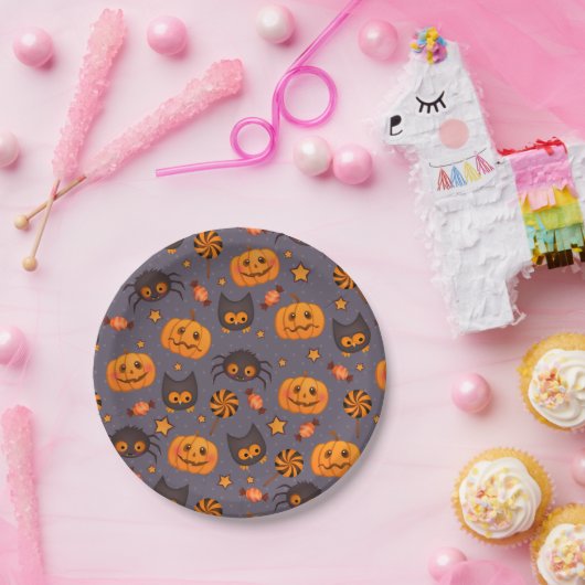 Cute Halloween Pattern Paarse Achtergrond Papieren Bordje (Feest)