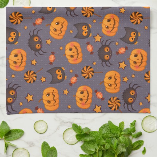 Cute Halloween Pattern Paarse Achtergrond Theedoek (Gevouwen)