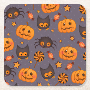 Cute Halloween Pattern Paarse Achtergrond Vierkante Kartonnen Onderzetter