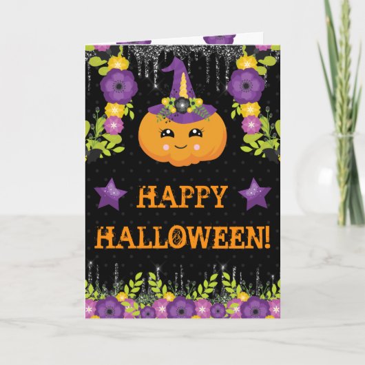 Cute Halloween Pumpkin Floral Greeting Kaart (Voorkant)