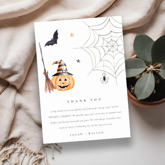 Cute Halloween Pumpkin Spiderweb Spooky Wedding Bedankkaart