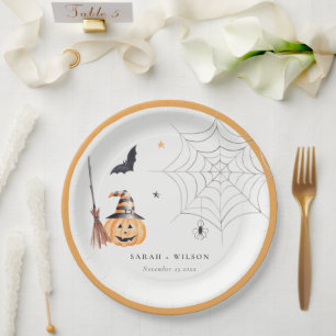 Cute Halloween Pumpkin Spiderweb Spooky Wedding Papieren Bordje