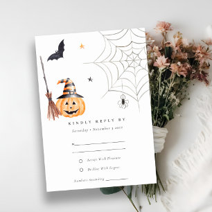 Cute Halloween Pumpkin Spiderweb Spooky Wedding RSVP Kaartje