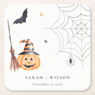 Cute Halloween Pumpkin Spiderweb Spooky Wedding Vierkante Kartonnen Onderzetter