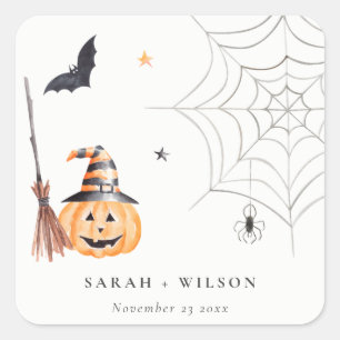 Cute Halloween Pumpkin Spiderweb Spooky Wedding Vierkante Sticker