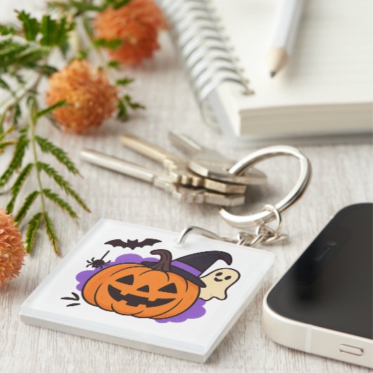 Cute Halloween Pumpkin with Witch Hat – Ghost & Ba Sleutelhanger (Voorkant Rechts)