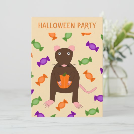 Cute Halloween Rat and Pumpkin Custom Party Kaart (Staand voorkant)