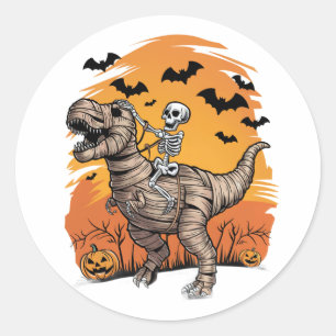 Cute Halloween skelet op gemummificeerde T-Rex sti Ronde Sticker