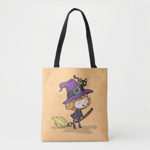 Cute Halloween Witch en Cat Canvas tas
