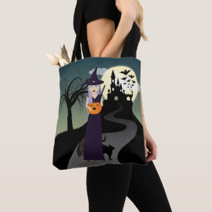 Cute Halloween Witch, Happy Pumpkin en Black Cat Tote Bag