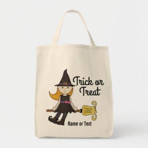 Cute Halloween Witch op Broom Stick Personalized Tote Bag