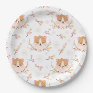 Cute Hamster Face and Pink Flowers Pattern Party Papieren Bordje